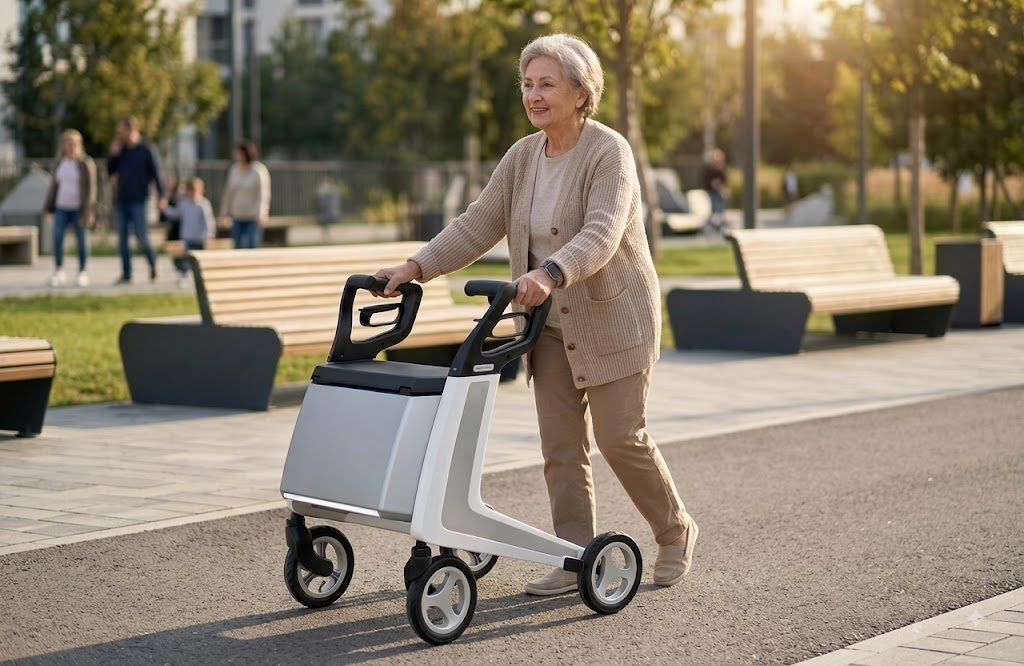 AI mobility assistance device in use outdoors