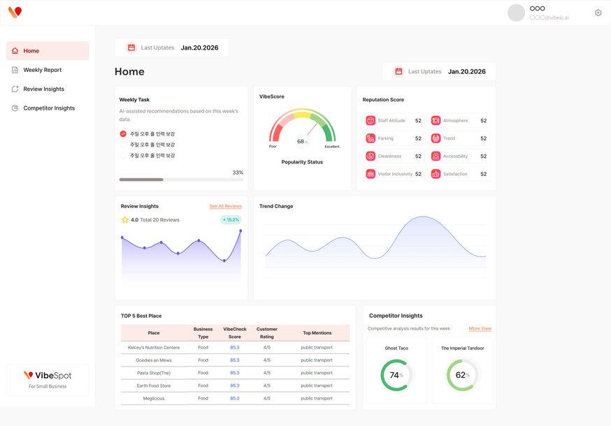 VibeSpot product screen — business strategy dashboard